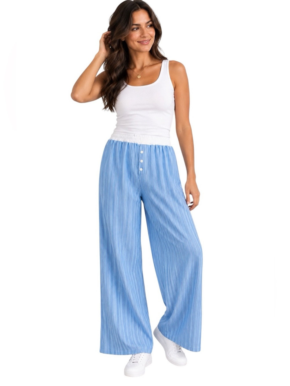 AQ SPORT Blue Striped Wide Leg Pull-On Pants Large